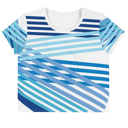 Good Wishes 365 casual crop tee with blue and white multi-directional geometric stripe pattern and crew neckline.