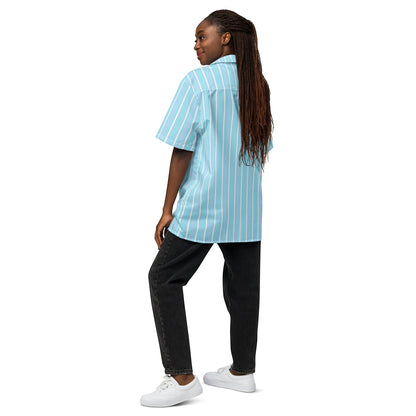 Good Wishes 365 light blue and white striped short sleeve button-up shirt with UPF50+ protection on a model.