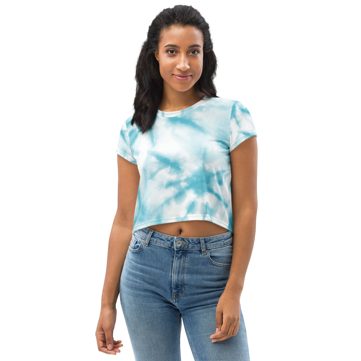 Good Wishes 365 sky blue and white tie-dye crew neck crop top t-shirt worn by a woman with jeans