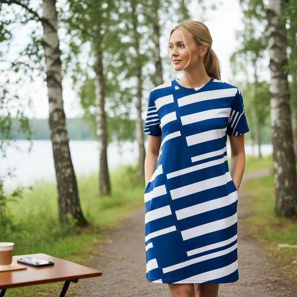Good Wishes 365 blue and white abstract stripe t-shirt dress made from polyester and spandex with an oversized fit.