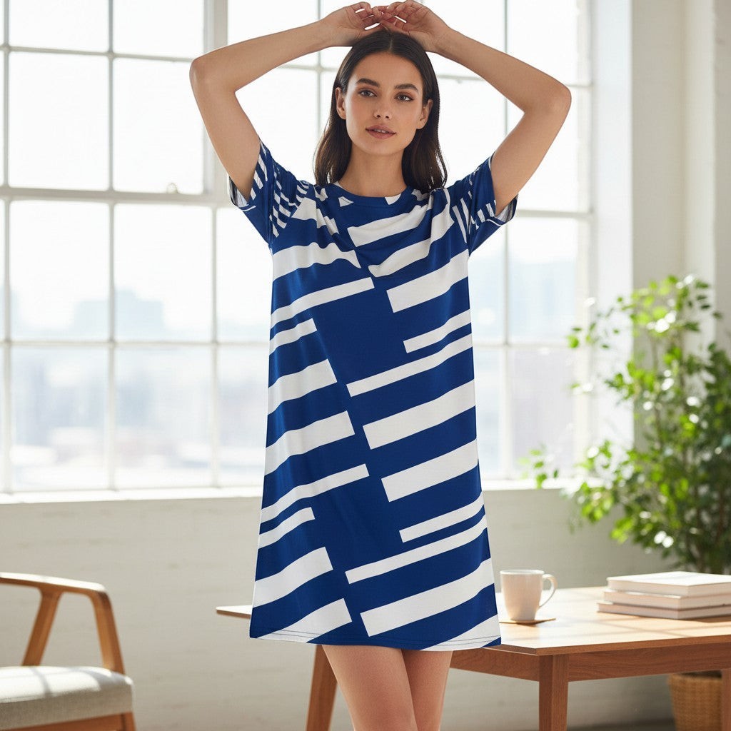 Good Wishes 365 blue and white abstract stripe t-shirt dress made from polyester and spandex with an oversized fit.
