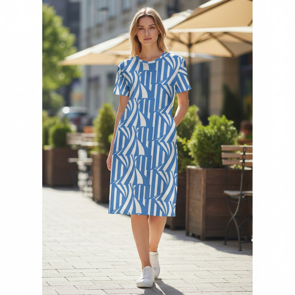 Good Wishes 365 blue and white striped abstract print t-shirt dress made from polyester and spandex with an oversized fit.