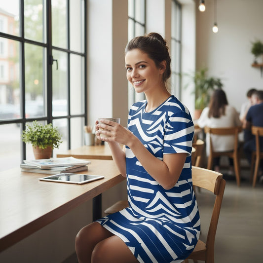 Good Wishes 365 blue and white striped t-shirt dress with a relaxed fit, worn by a woman holding a mug in a cafe.