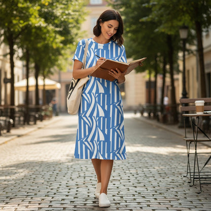 Good Wishes 365 blue and white striped t-shirt dress with an abstract pattern and oversized fit.