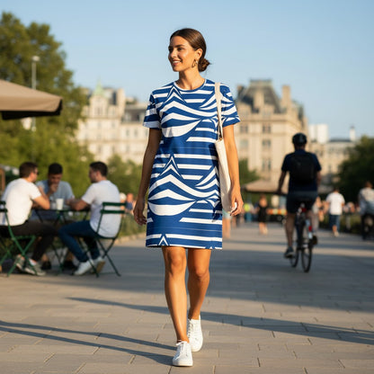 Good Wishes 365 blue and white striped t-shirt dress with an abstract mountain wave pattern. Comfortable oversize fit.