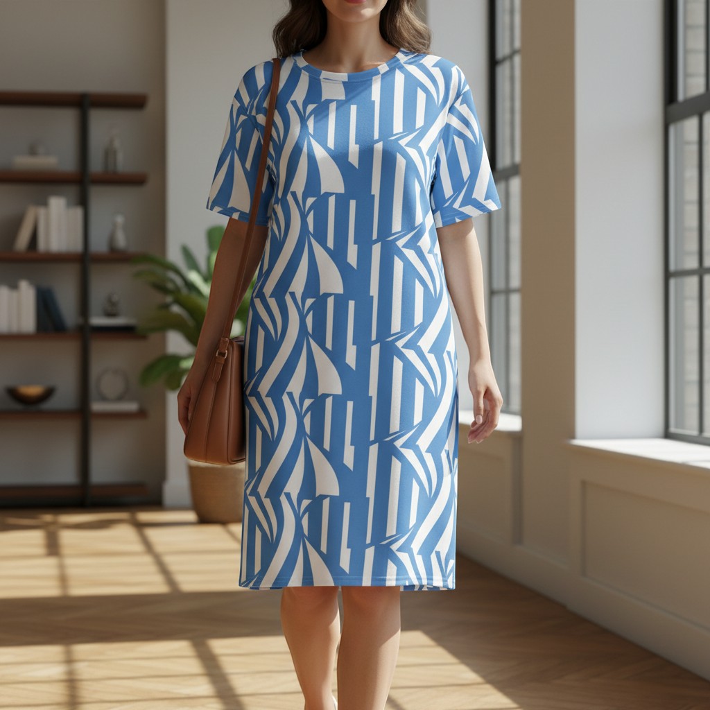 Good Wishes 365 blue and white striped t-shirt dress with a dropped shoulder and oversized fit.