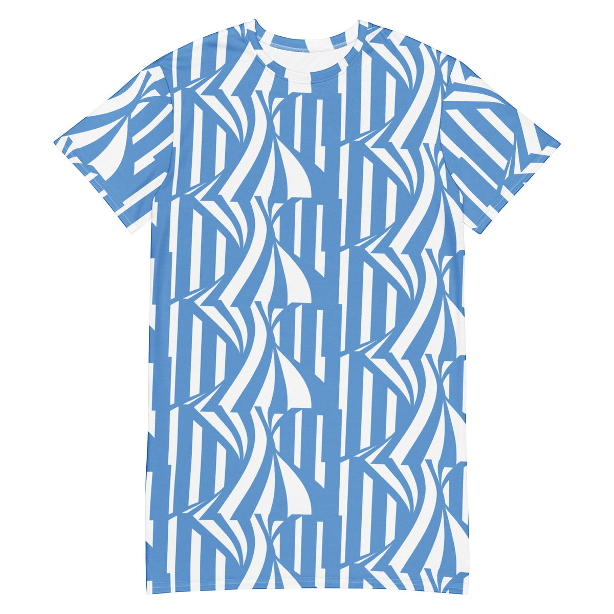 Good Wishes 365 blue and white striped t-shirt dress with an abstract pattern, polyester-spandex blend, oversize fit.