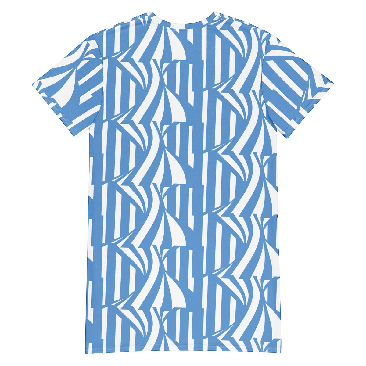 Good Wishes 365 blue and white abstract stripe pattern t-shirt dress with dropped shoulders and oversized fit.