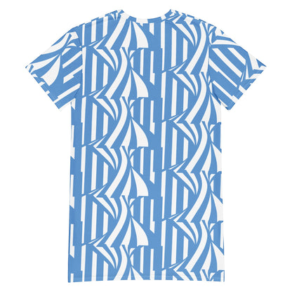 Good Wishes 365 blue and white abstract stripe pattern t-shirt dress with dropped shoulders and oversized fit.