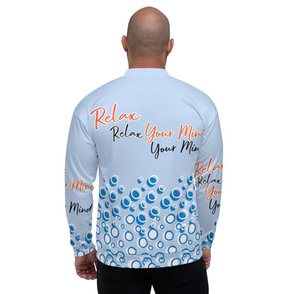 Back view of Good Wishes 365 unisex bomber jacket in light blue with bubble print and Relax Your Mind typography