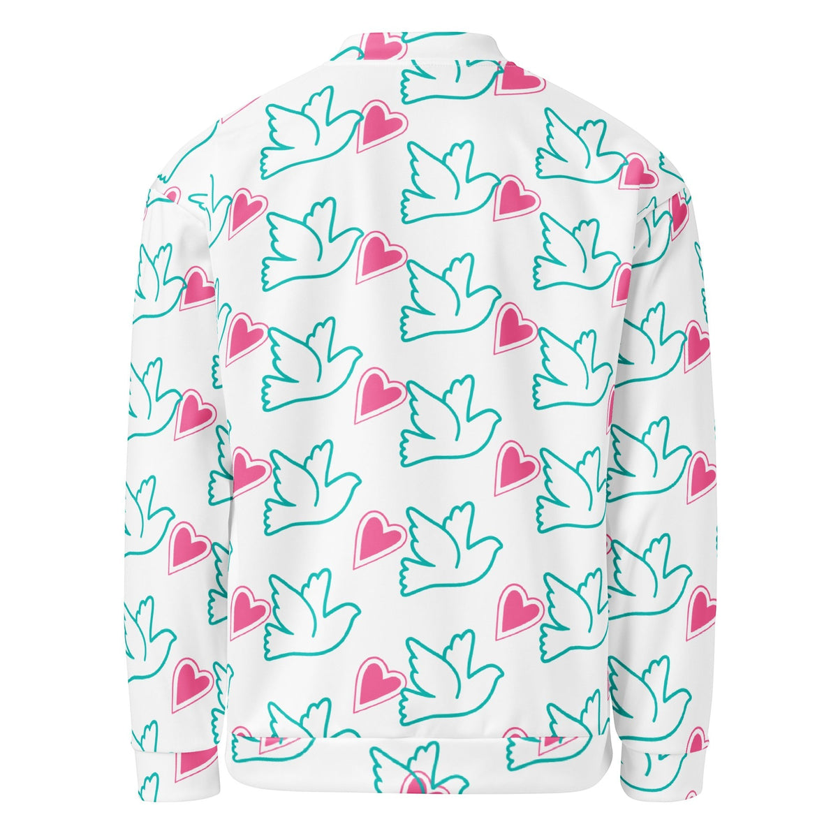 Back view of Good Wishes 365 bomber jacket with teal dove and pink heart print on white fabric