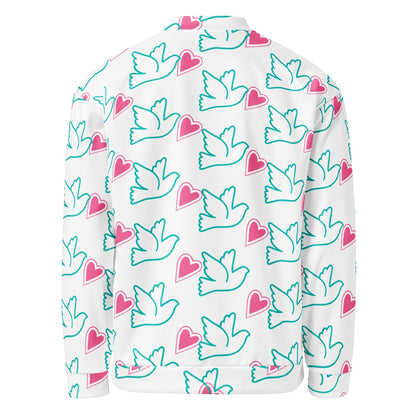 Back view of Good Wishes 365 bomber jacket with teal dove and pink heart print on white fabric