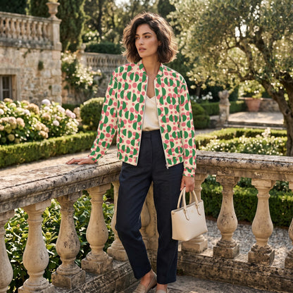Good Wishes 365 bomber jacket with pink polka dots and green semi-circles, worn by a woman in a garden setting.