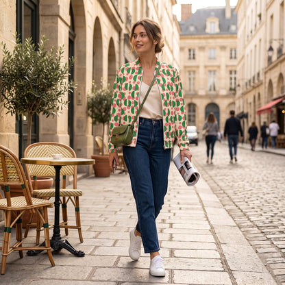 Good Wishes 365 bomber jacket with pink polka dots and green semi-circles, worn by a woman on a cobblestone street.