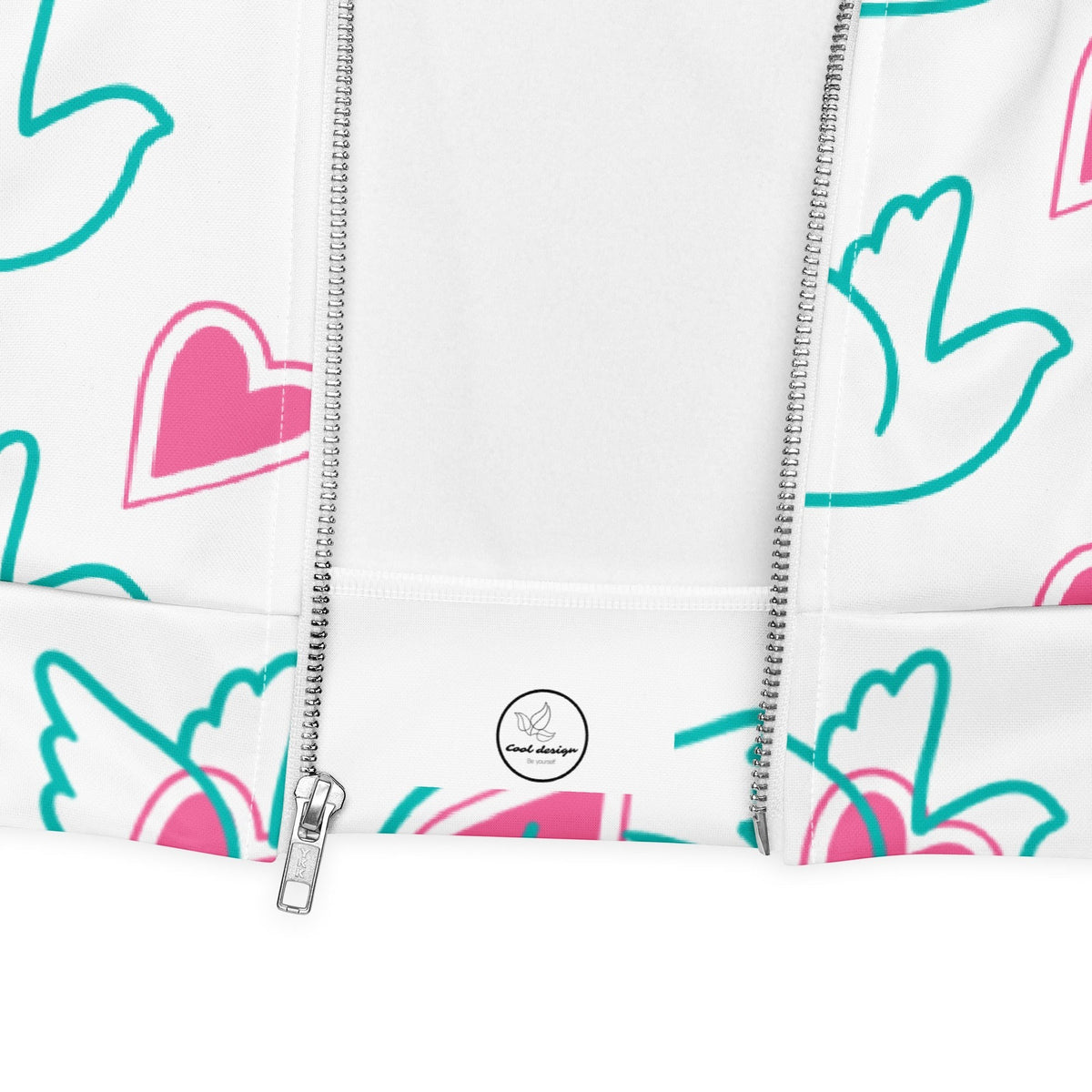Good Wishes 365 bomber jacket featuring a white print with teal doves and pink hearts, showing the front zipper detail.