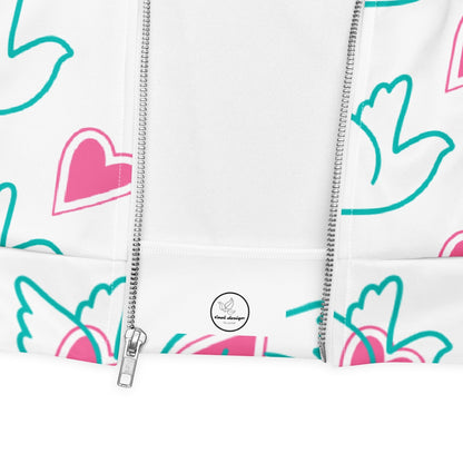 Good Wishes 365 bomber jacket featuring a white print with teal doves and pink hearts, showing the front zipper detail.