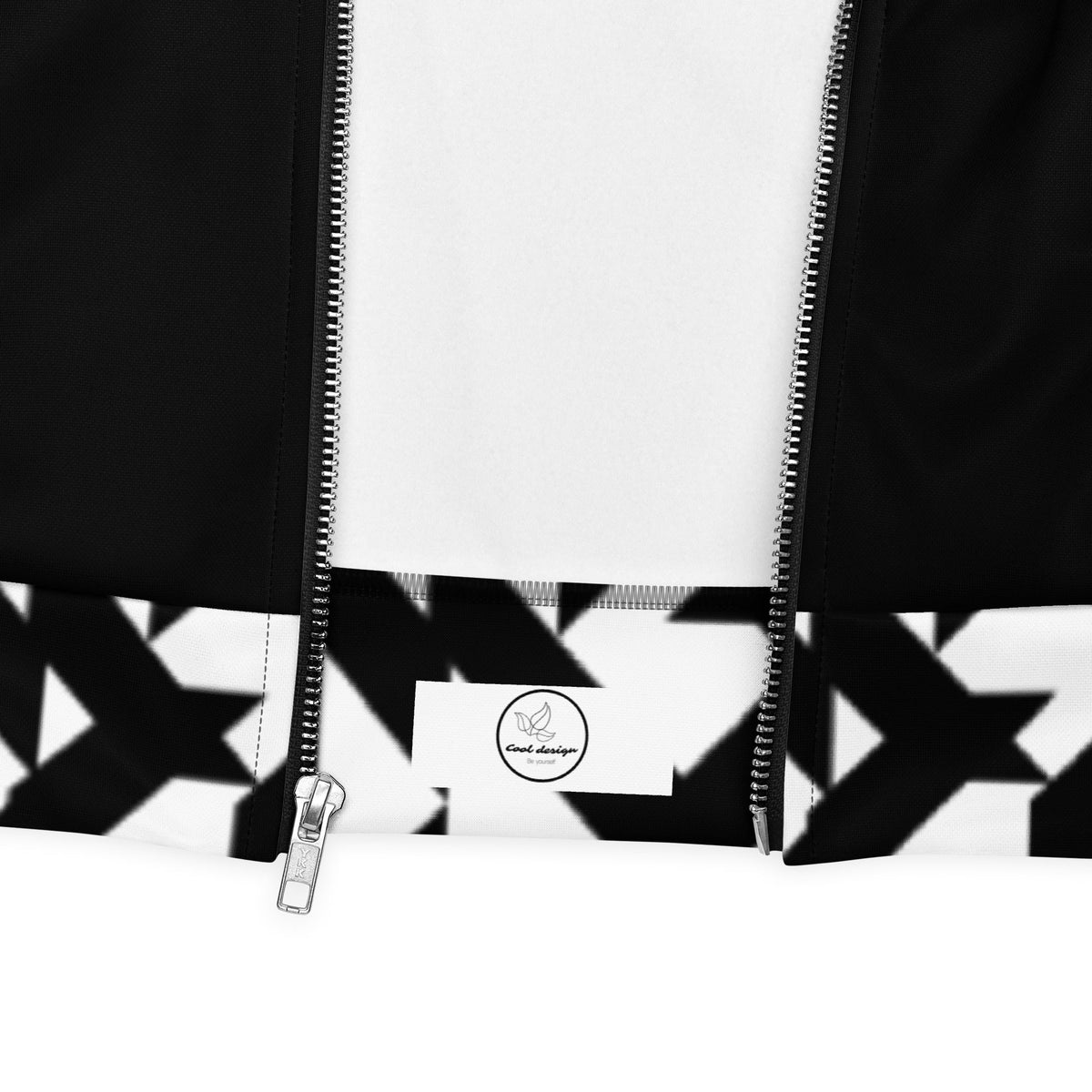 Good Wishes 365 bomber jacket featuring a black and white geometric pattern with a silver front zipper closure.