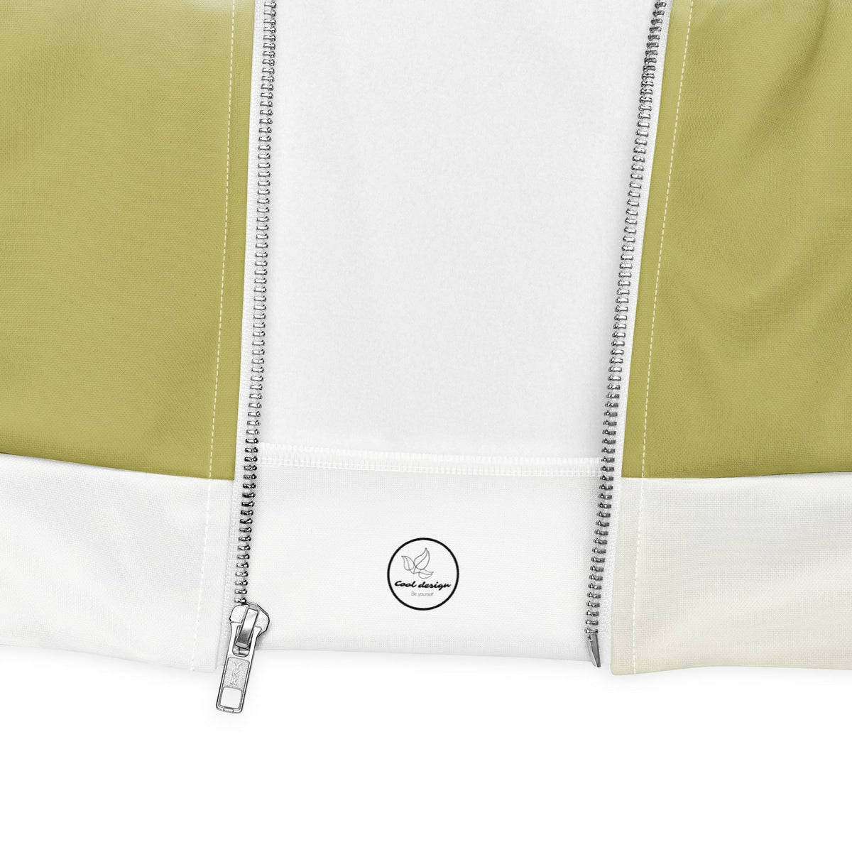 Good Wishes 365 unisex bomber jacket featuring a white center panel with a silver zipper and grass green side panels.