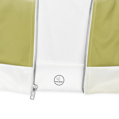 Good Wishes 365 unisex bomber jacket featuring a white center panel with a silver zipper and grass green side panels.