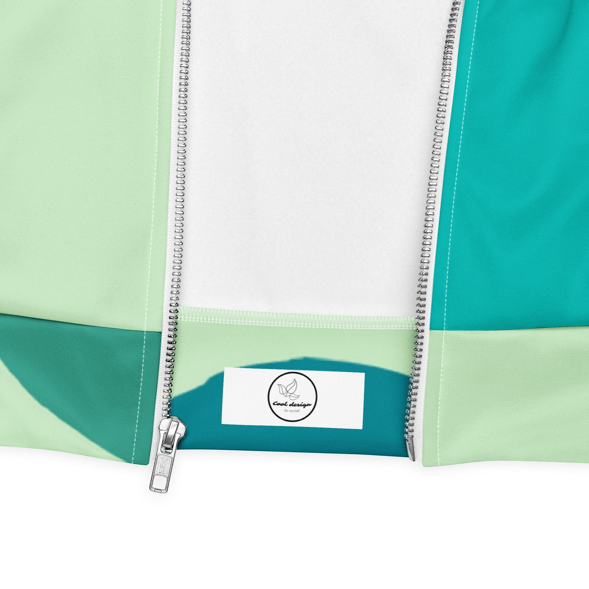 Good Wishes 365 unisex bomber jacket featuring a mint green and Eastern blue abstract print with a silver zipper