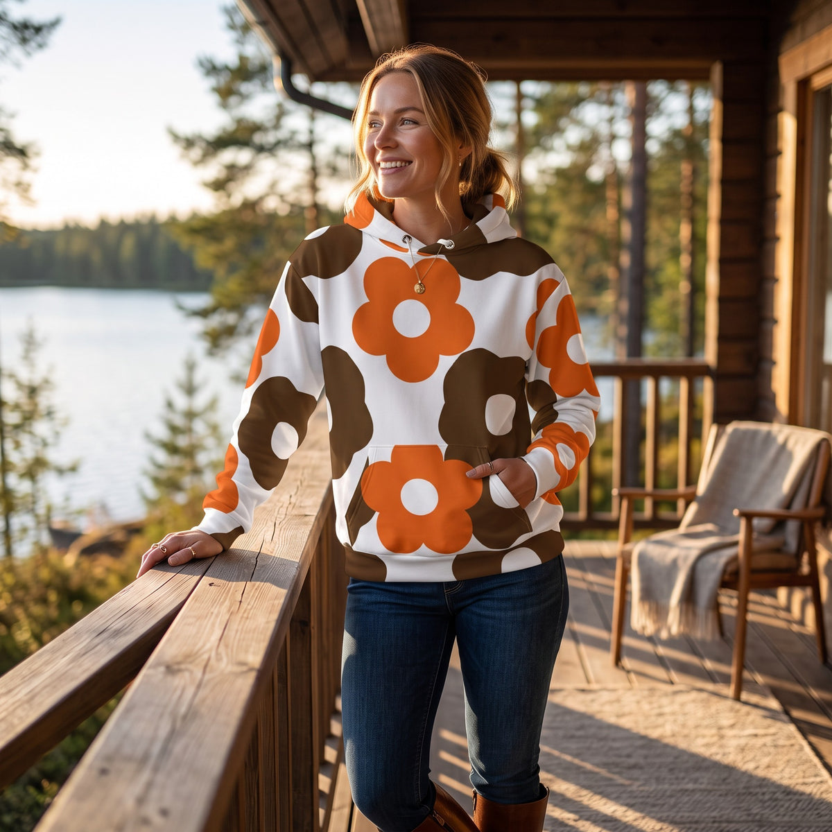 Woman wearing a Good Wishes 365 recycled hoodie with a brown and orange retro floral print on a wooden balcony.