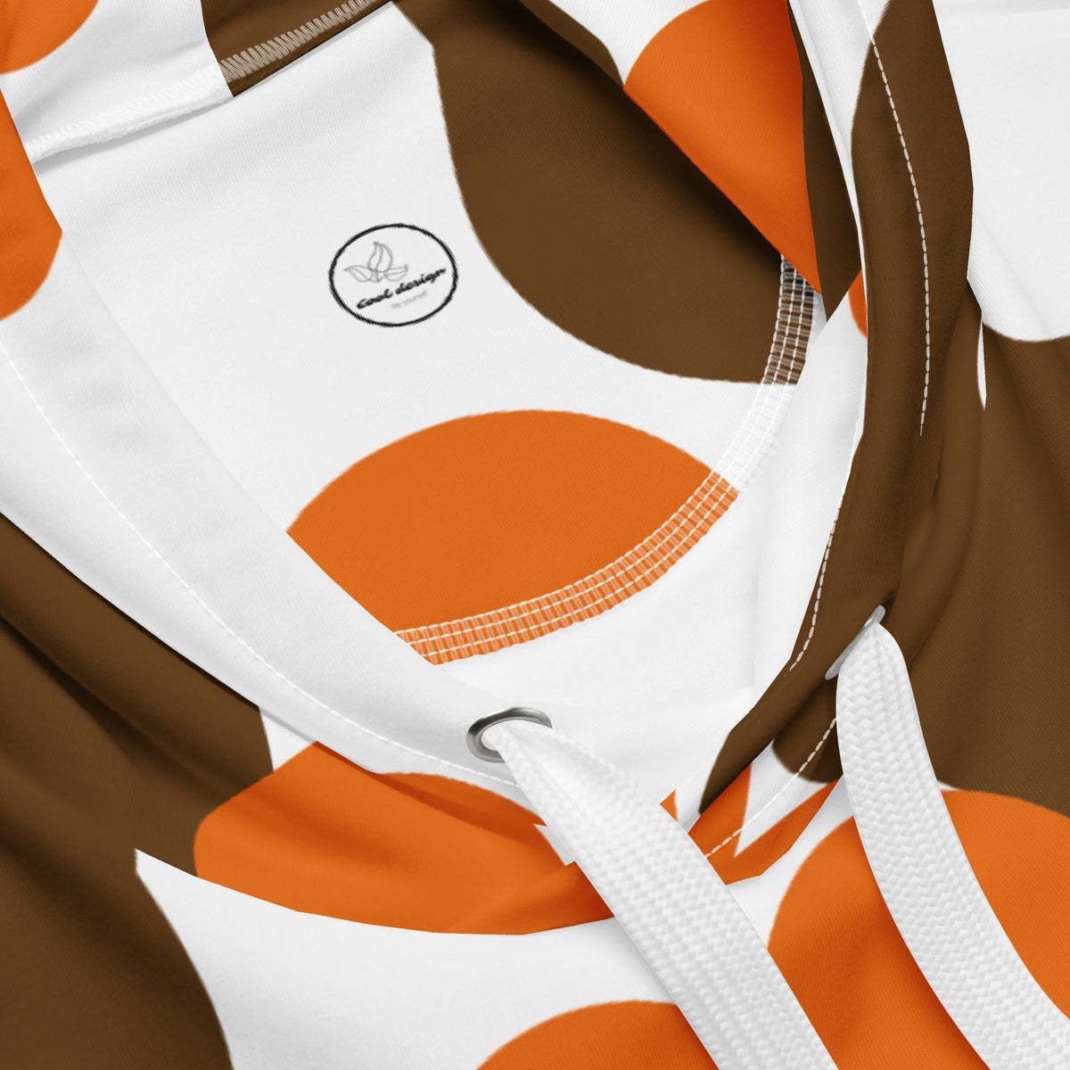 Good Wishes 365 recycled hoodie with a retro brown and orange floral print, featuring a drawstring hood and label.