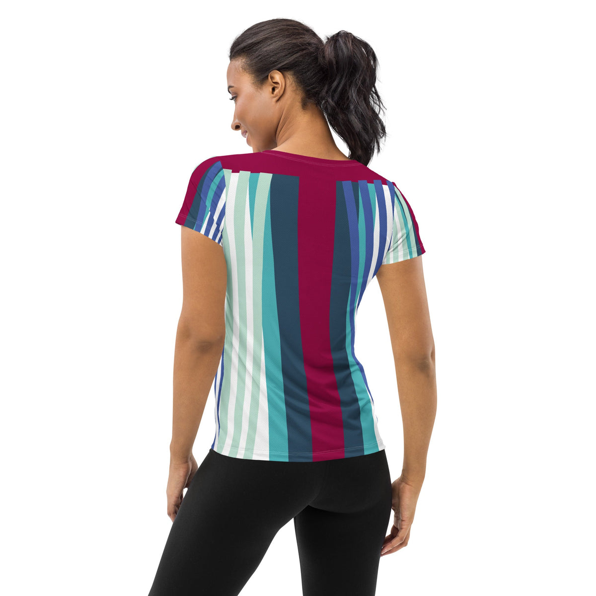 Good Wishes 365 women's athletic t-shirt with burgundy, blue, and teal vertical stripes, back view on a model.