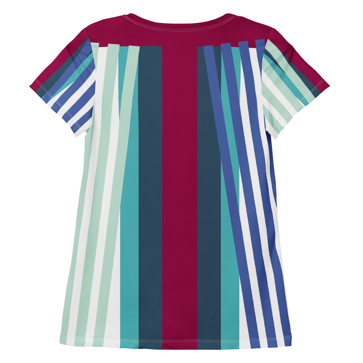 Good Wishes 365 women's athletic t-shirt with a burgundy, blue, and teal vertical stripe print and moisture-wicking fabric