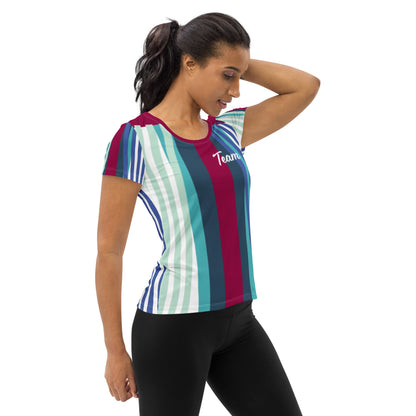 Good Wishes 365 women's burgundy, blue, and teal striped athletic t-shirt with Team graphic worn by a model