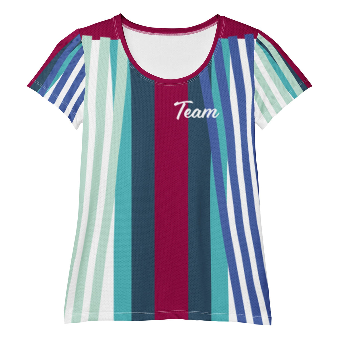 Good Wishes 365 women's athletic t-shirt with burgundy, blue, and teal vertical stripes and Team graphic print.