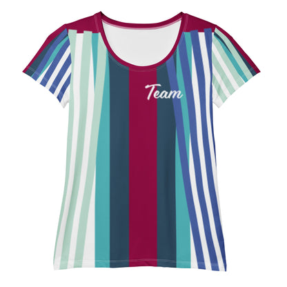Good Wishes 365 women's athletic t-shirt with burgundy, blue, and teal vertical stripes and Team graphic print.