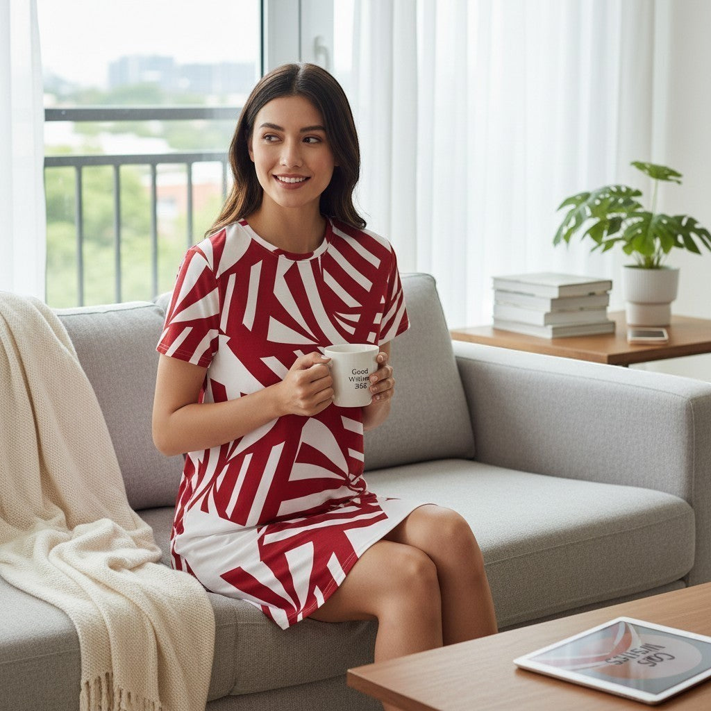 Good Wishes 365 All-Over Print T-shirt Dress in Carmine red and white abstract pattern. Oversize fit, polyester-spandex blend.
