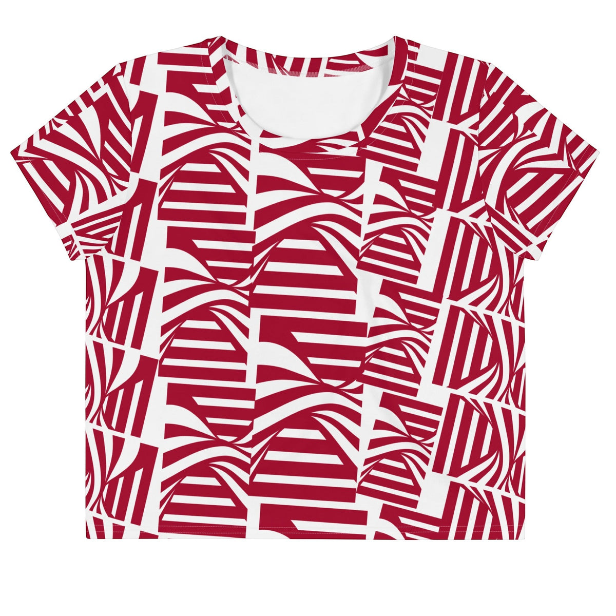 Good Wishes 365 women's carmine red and white abstract geometric print crop tee in premium four-way stretch jersey.