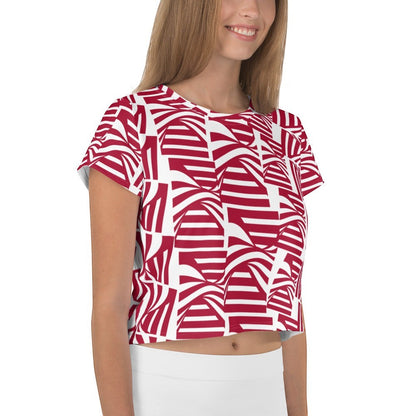 Good Wishes 365 women's carmine red and white striped pattern crop tee made from stretchy polyester jersey fabric.