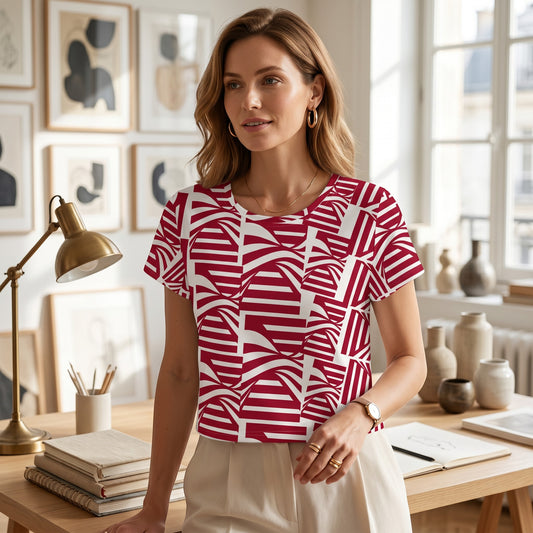 Good Wishes 365 women's carmine red and white patterned crop tee in a bright, modern studio setting.