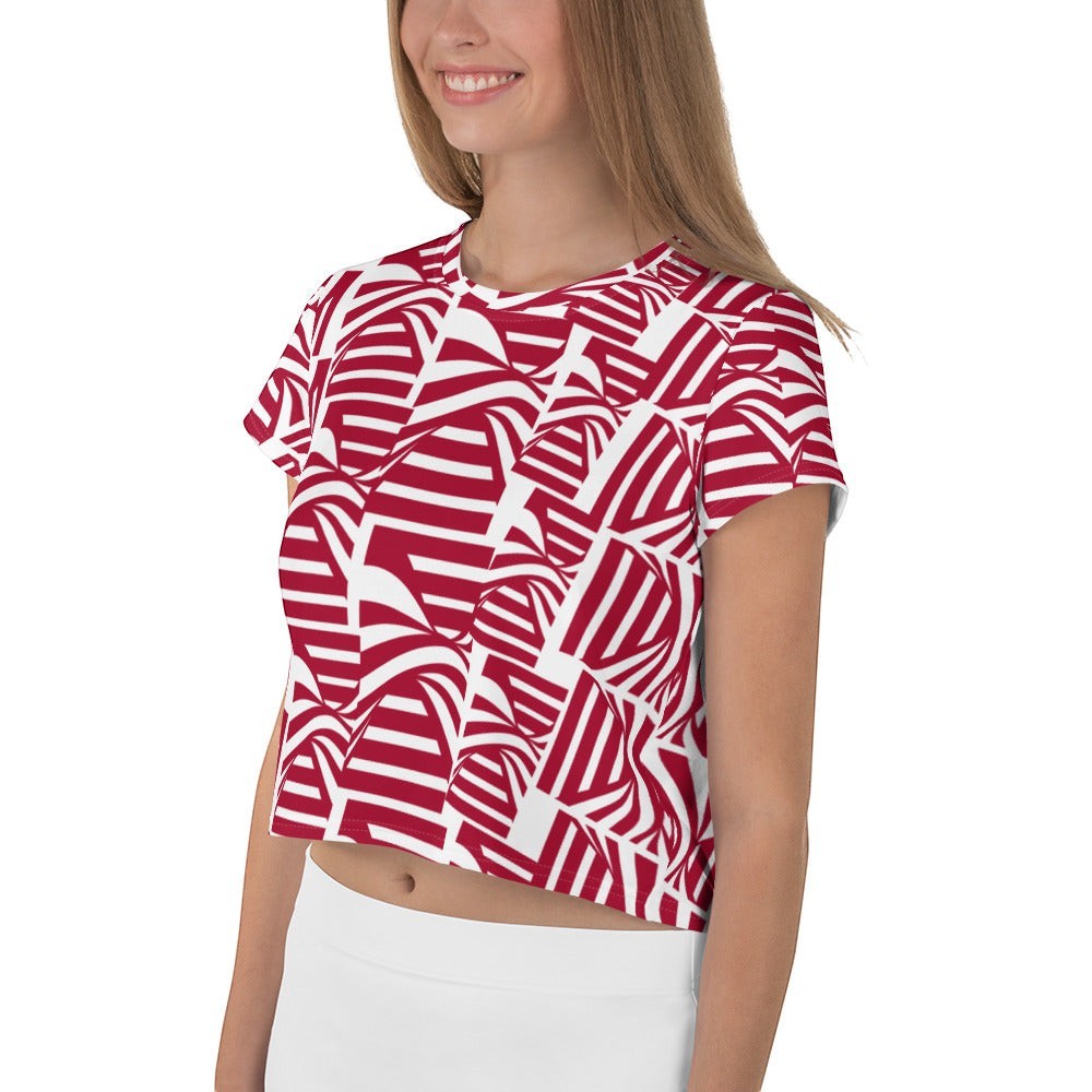 Good Wishes 365 women's carmine red and white geometric patterned crop tee with four-way stretch jersey fabric.