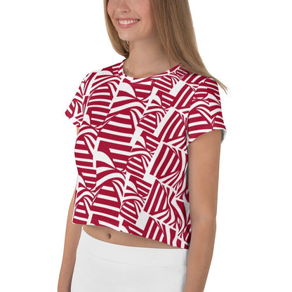 Good Wishes 365 women's carmine red and white geometric patterned crop tee with four-way stretch jersey fabric.