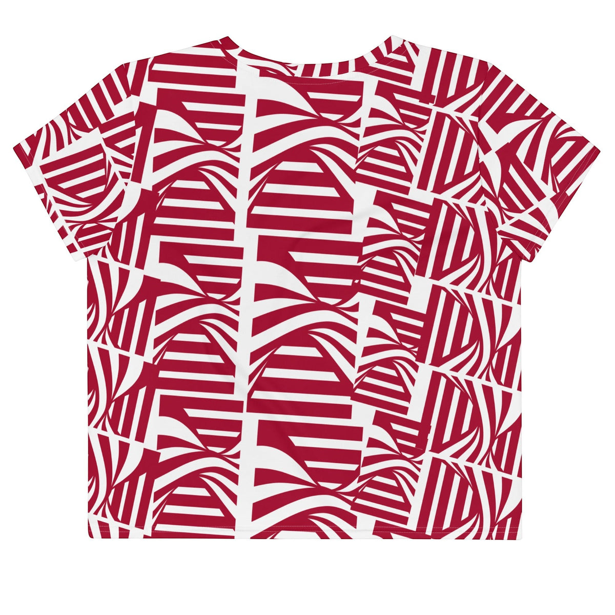 Good Wishes 365 carmine red and white abstract geometric pattern crop tee in premium stretch jersey fabric.