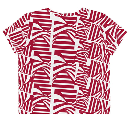 Good Wishes 365 carmine red and white abstract geometric pattern crop tee in premium stretch jersey fabric.