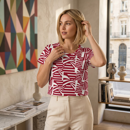 Good Wishes 365 women's carmine red and white patterned crop tee with four-way stretch jersey fabric.