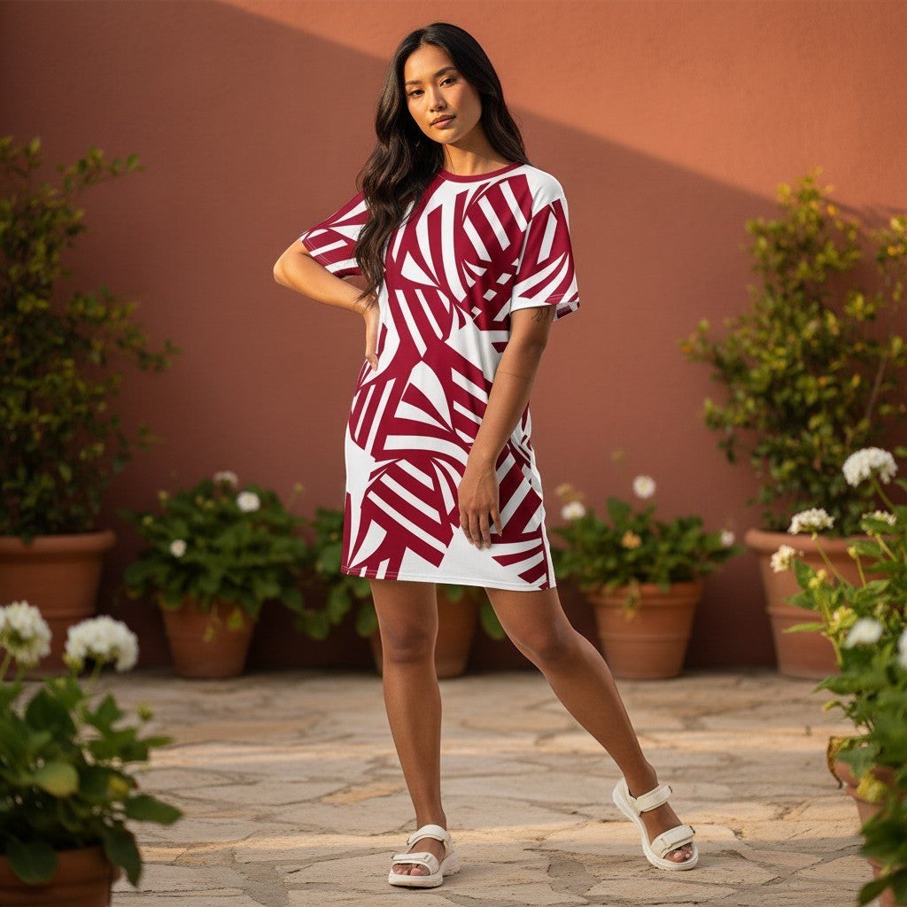 Good Wishes 365 All-Over Print T-shirt Dress in Carmine red and white abstract pattern. Oversize fit, polyester-spandex blend.