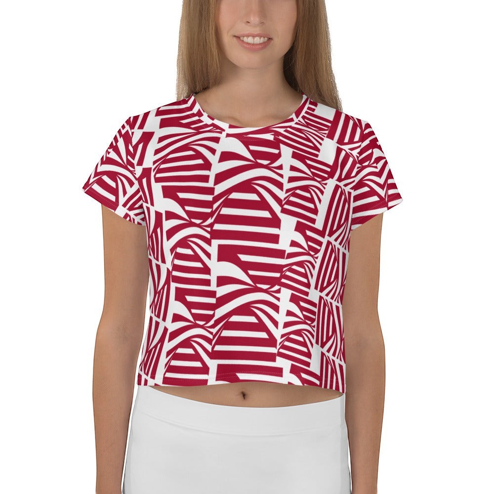 Good Wishes 365 women's crop tee in carmine red with a bold, abstract striped rhythm pattern in four-way stretch jersey.