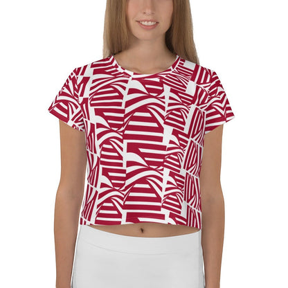 Good Wishes 365 women's crop tee in carmine red with a bold, abstract striped rhythm pattern in four-way stretch jersey.