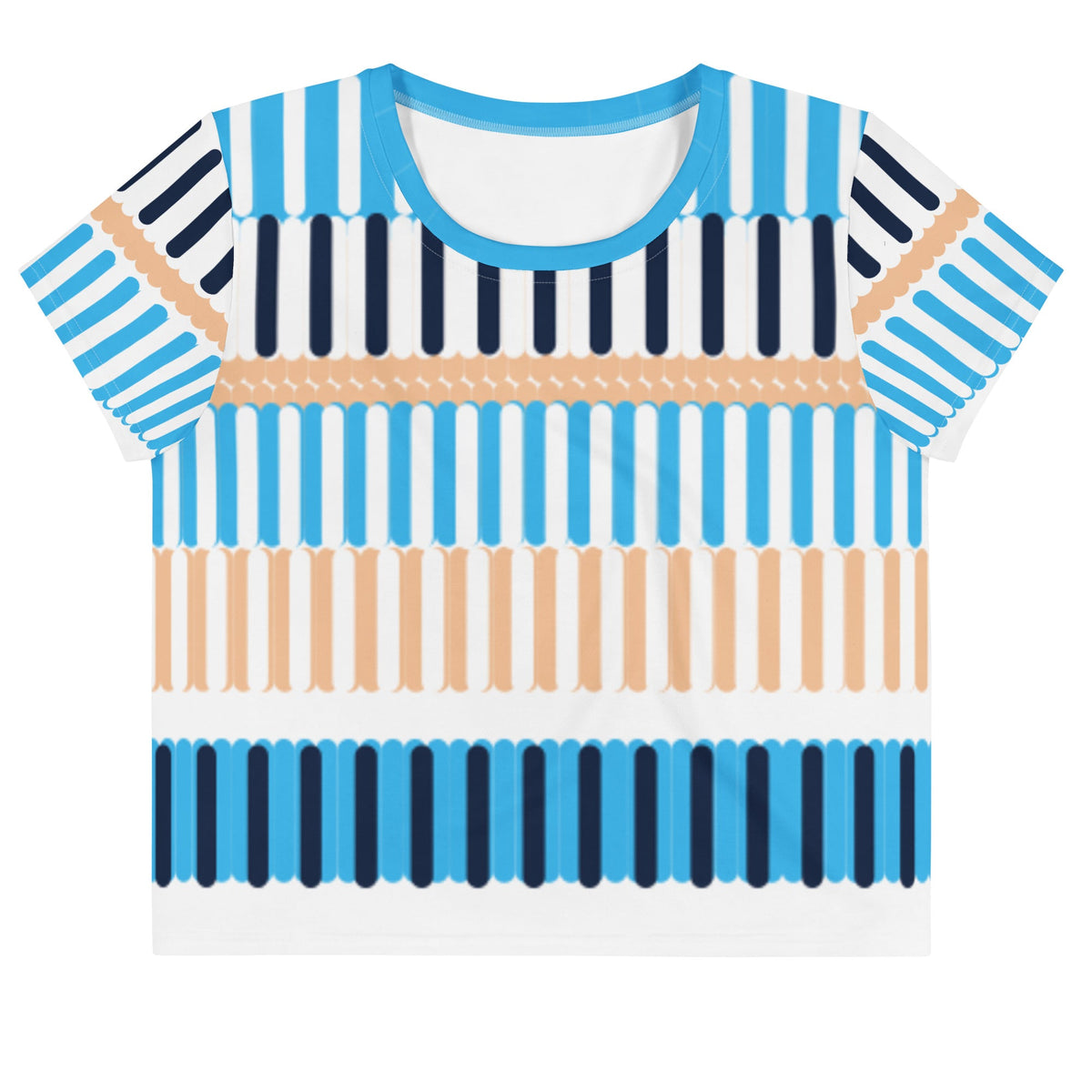 Good Wishes 365 crop tee featuring a coastal rhythm blue, navy, and sand vertical stripe all-over print