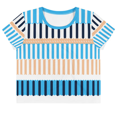 Good Wishes 365 crop tee featuring a coastal rhythm blue, navy, and sand vertical stripe all-over print