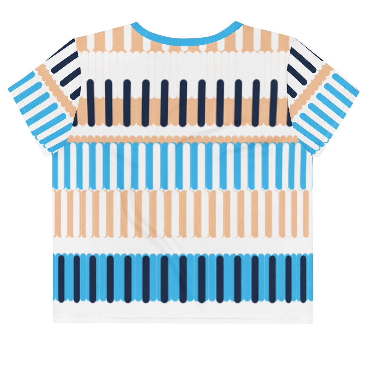 Good Wishes 365 crop tee featuring an all-over coastal rhythm print with vertical stripes in blue, navy, and sand.