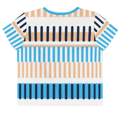 Good Wishes 365 crop tee featuring an all-over coastal rhythm print with vertical stripes in blue, navy, and sand.