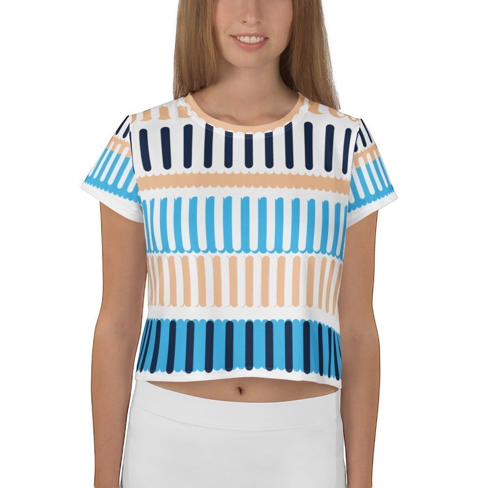 Good Wishes 365 crop tee with a blue and peach geometric coastal rhythm print on smooth mid-weight jersey fabric.