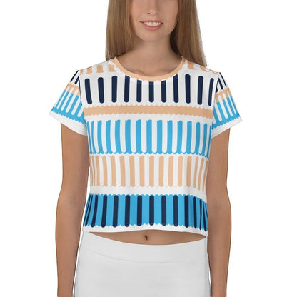 Good Wishes 365 crop tee with a blue and peach geometric coastal rhythm print on smooth mid-weight jersey fabric.