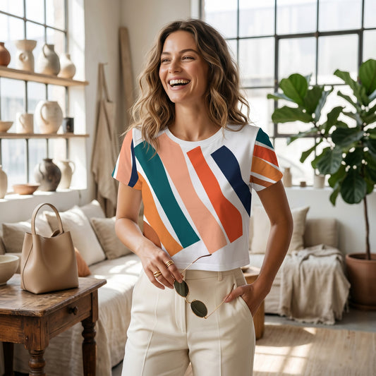 Good Wishes 365 crop tee with colorful orange, teal, and navy wave print worn by a smiling woman in a bright studio.
